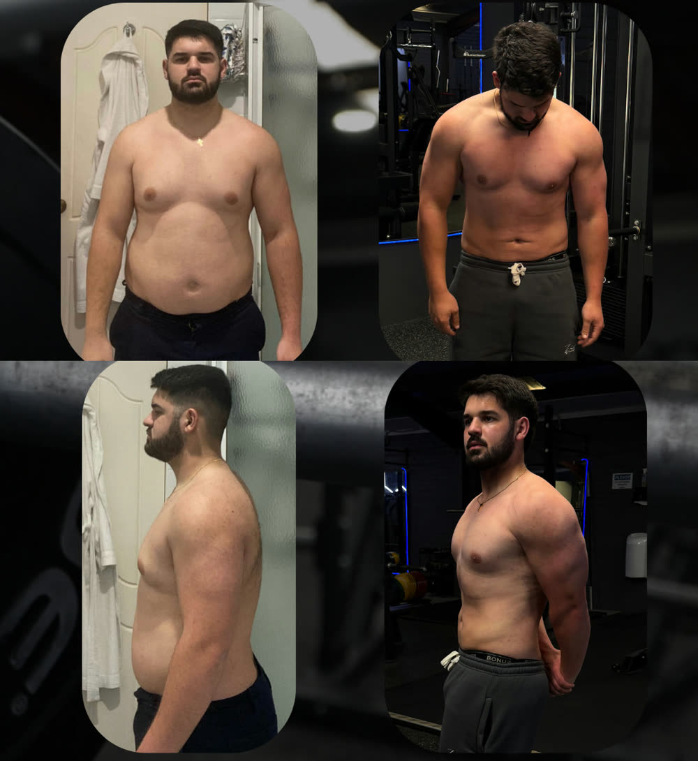 Michael V, front and side, before and after, 15kg down over 6 months