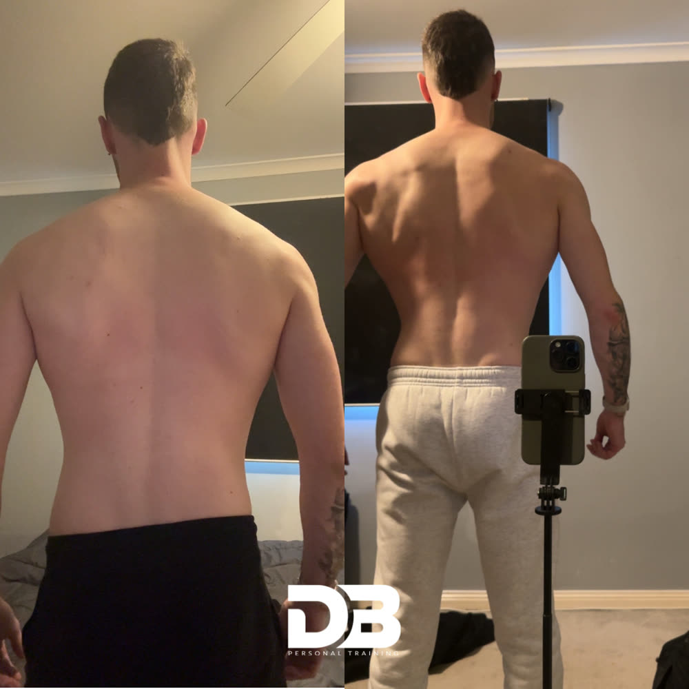 Riley, back, before and after, 5kg gained over 6 months